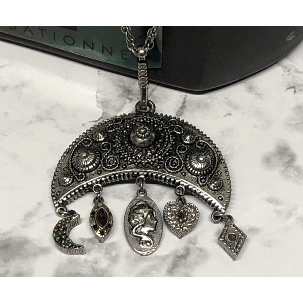 Vintage Etruscan Revival Crescent Moon Pendant Necklace Silver Tone Intaglio Cam
